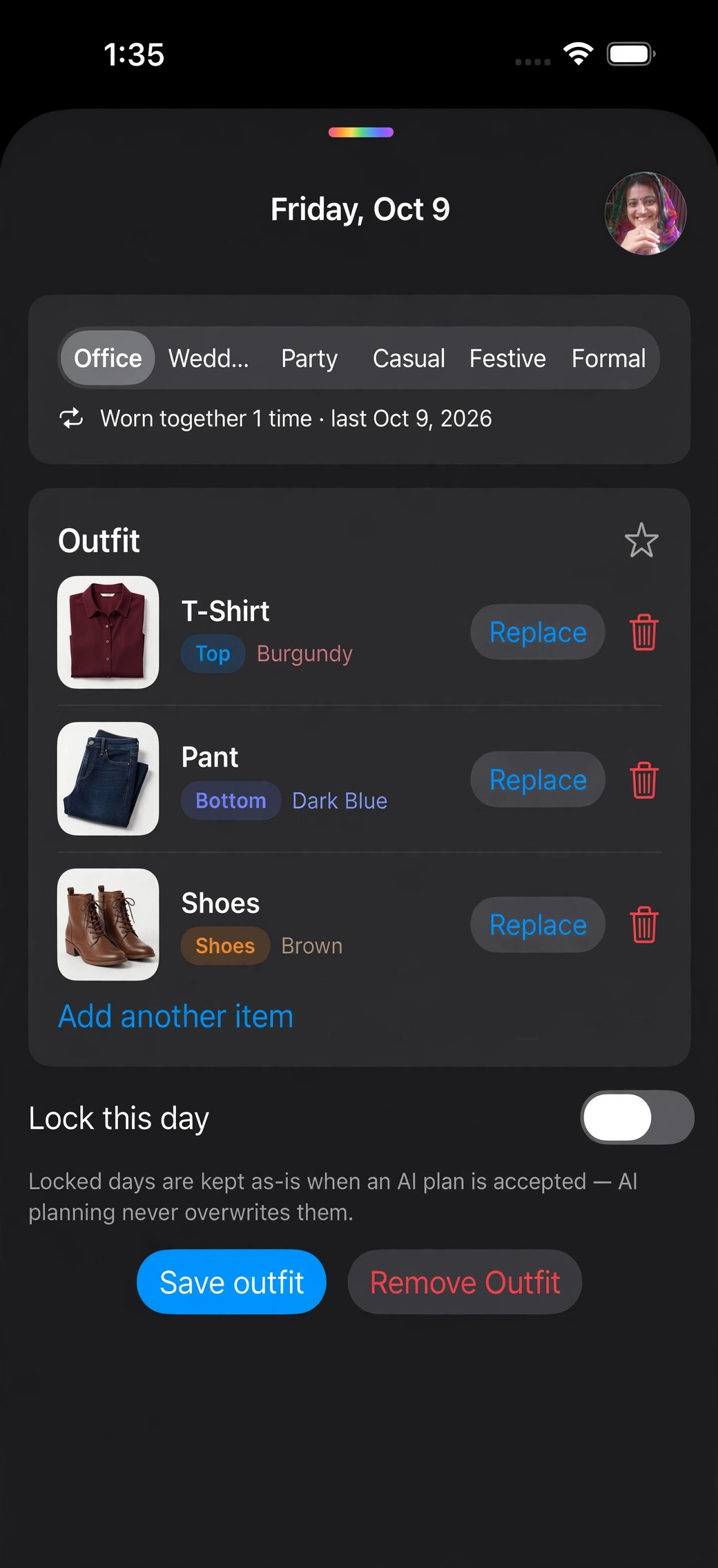 DressClan outfit detail view with replace and save options